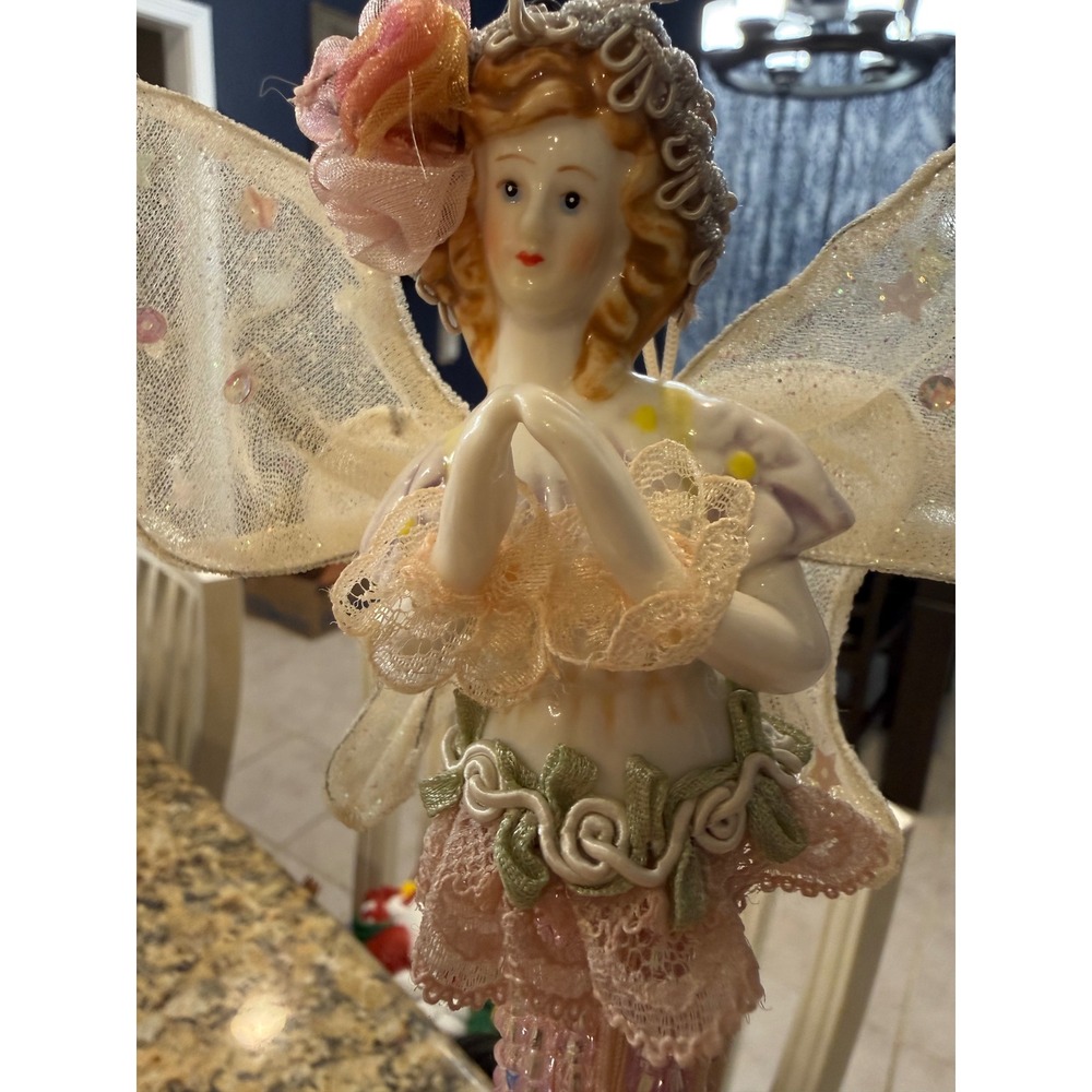 Vintage Style Porcelain Fairy Figurine Beaded Tassel Skirt Pink Mesh Wings 13.5"